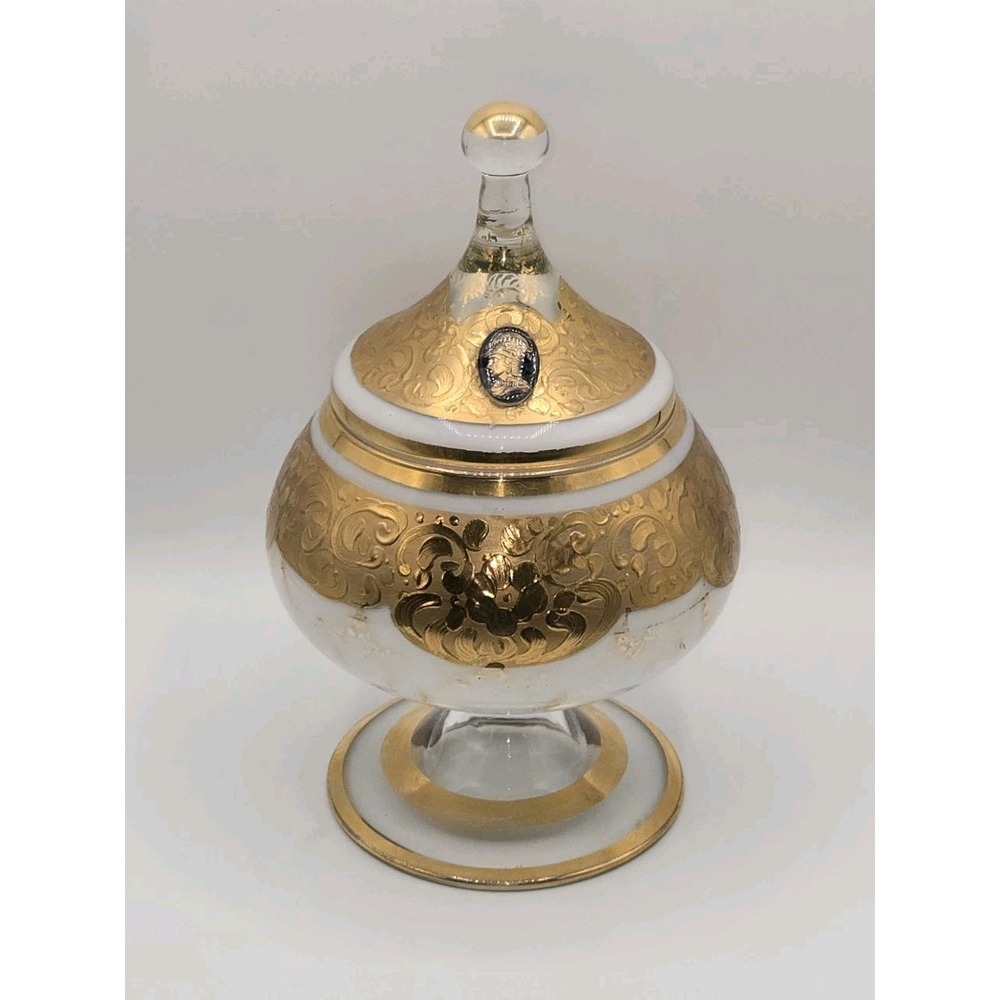 Empoli Italian Gilt Glass Covered Apothecary Candy Jar Gold Cameo‎ Medallions